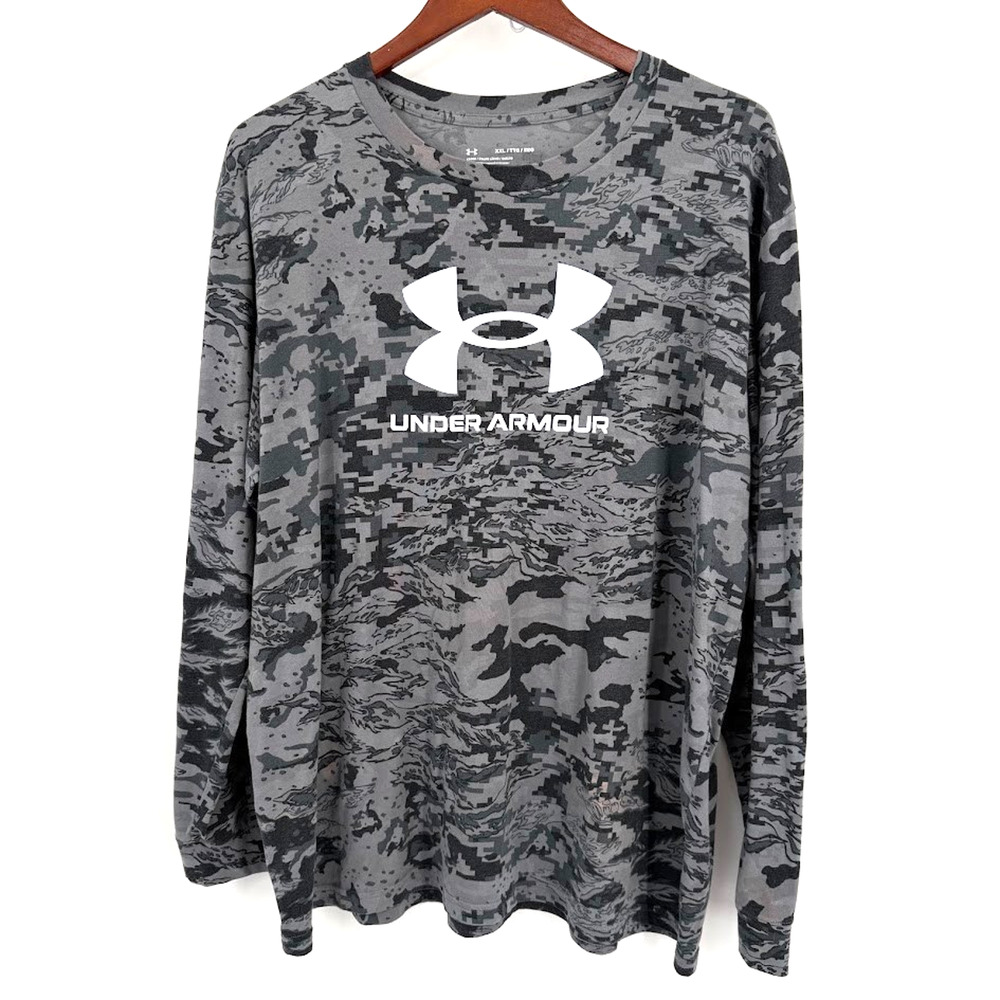 Under Armour Shirt Mens XXL Gray Camo Long Sleeve Loose Fit Athletic HeatGear